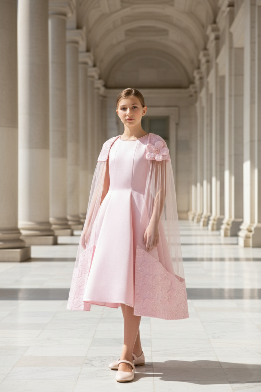 Sofia Baby Floral Embroidered Cape Tulle Dress Pink