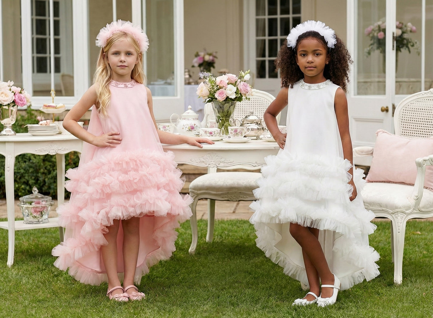 Sofia Baby Occasions: Organza Ruffle High-Low Dress with Headband-White