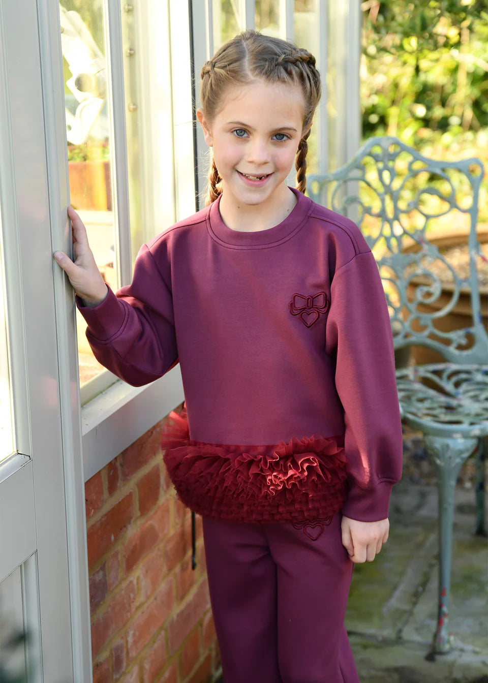 Angel's Face: DEONNE TULLE TRIM TOP AND JOGGER SET BURGUNDY