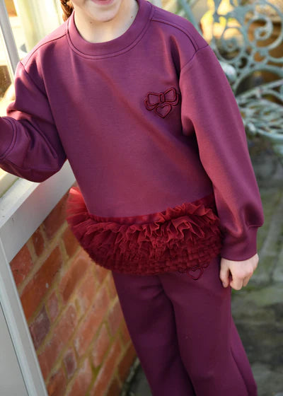 Angel's Face: DEONNE TULLE TRIM TOP AND JOGGER SET BURGUNDY