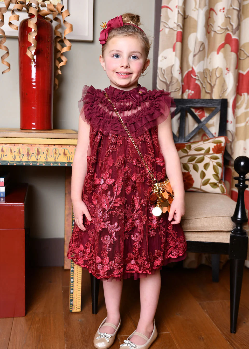 Angel's Face: DOMINIQUE FLOWER EMBROIDERY DRESS BURGUNDY