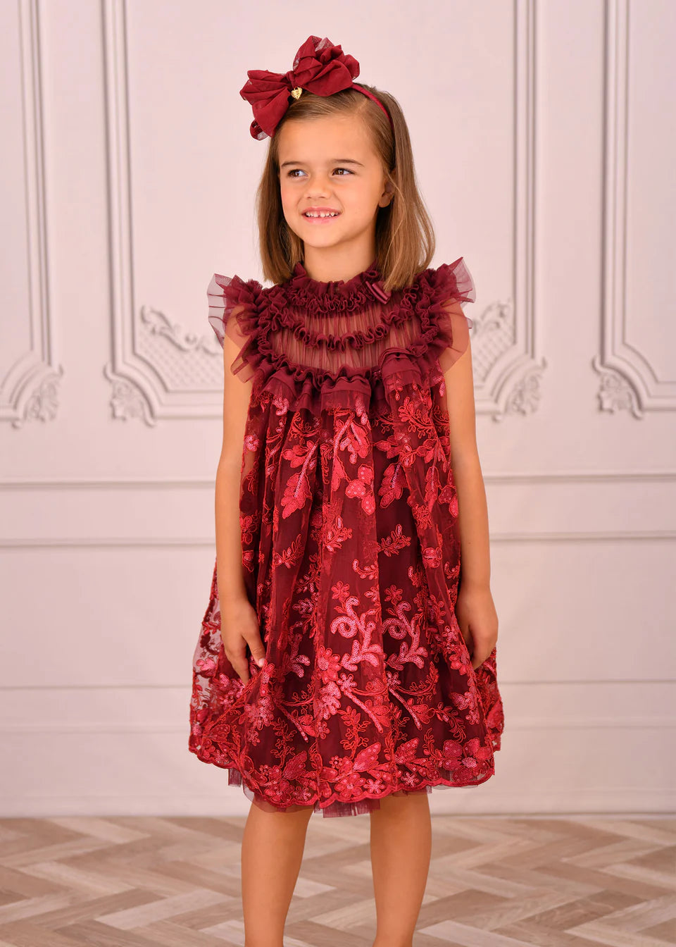 Angel's Face: DOMINIQUE FLOWER EMBROIDERY DRESS BURGUNDY