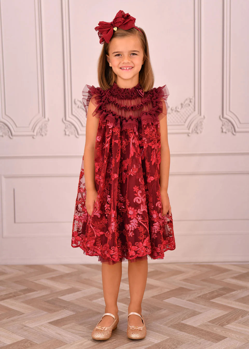 Angel's Face: DOMINIQUE FLOWER EMBROIDERY DRESS BURGUNDY