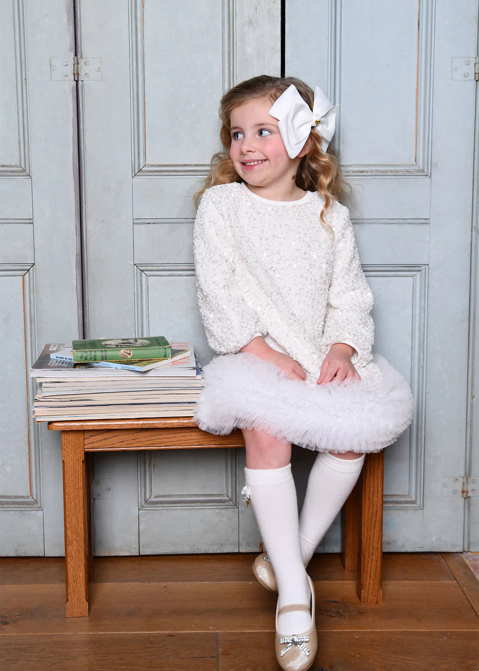 Angel's Face: JEANETTE BOUCLE SEQUIN DRESS SNOWDROP