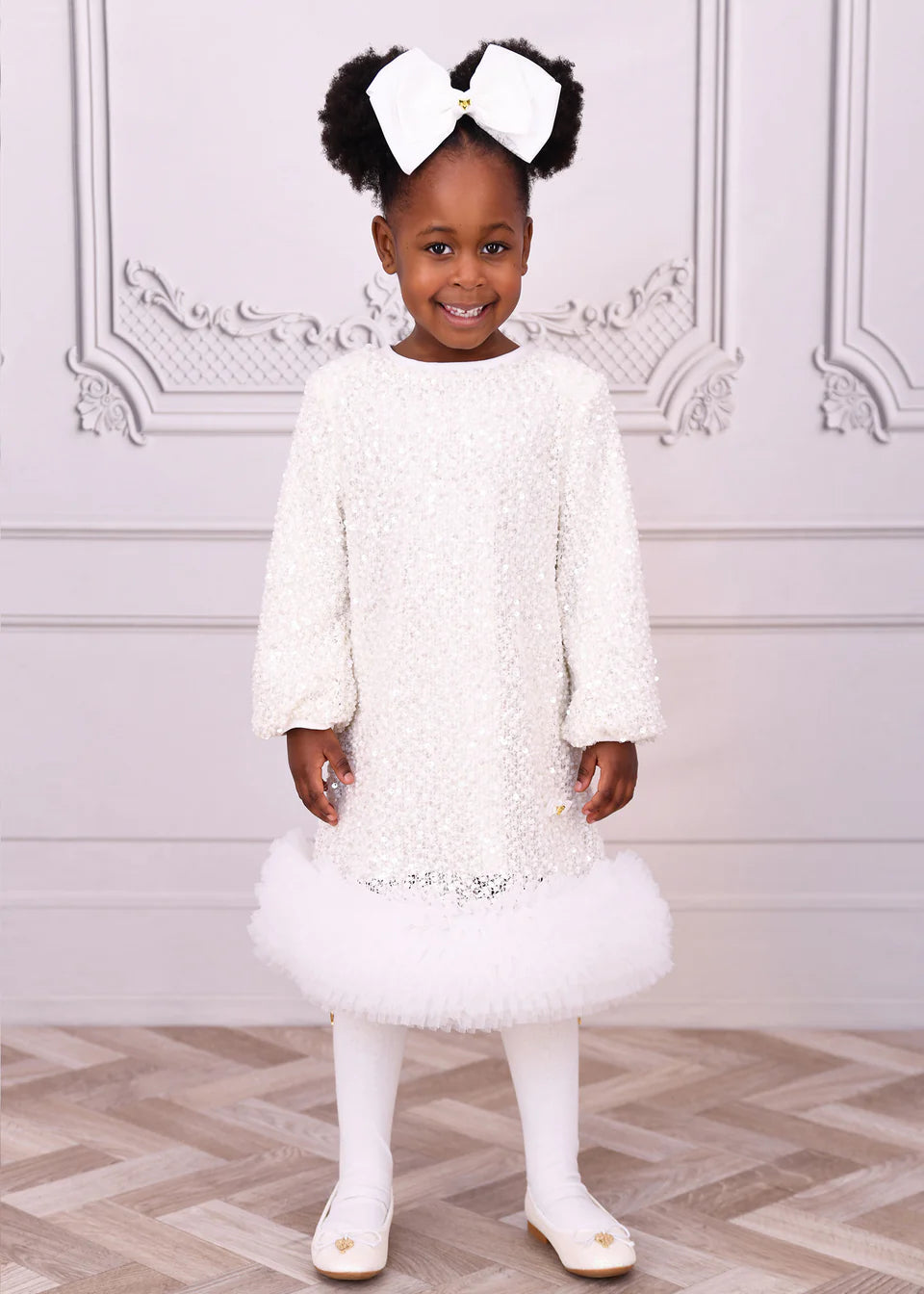 Angel's Face: JEANETTE BOUCLE SEQUIN DRESS SNOWDROP