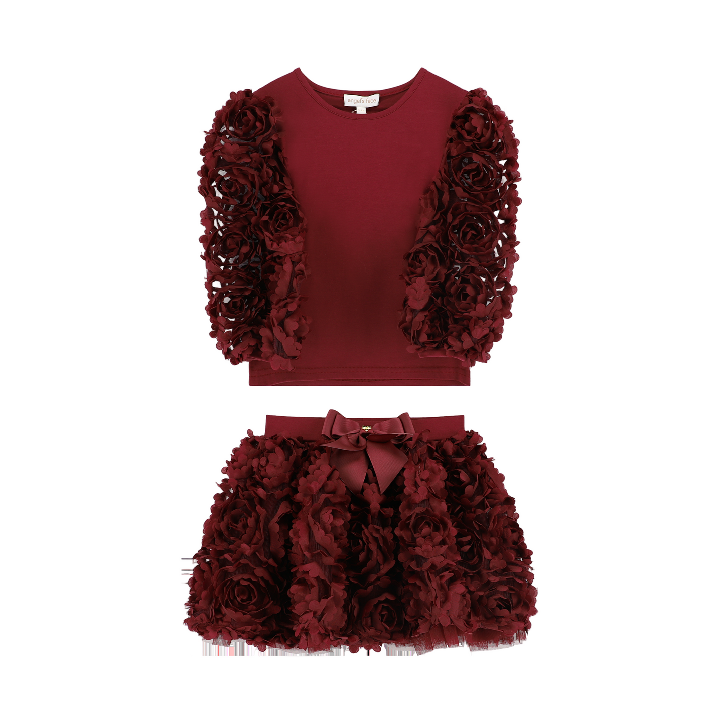 Angel's Face: KHAILA 3D TULLE TOP AND SKIRT SET BURGUNDY