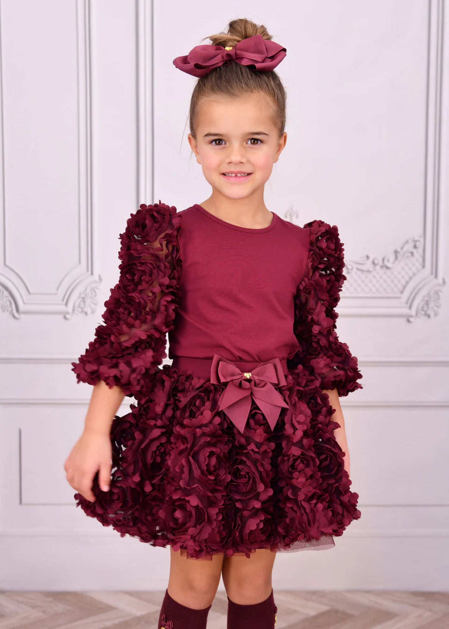 Angel's Face: KHAILA 3D TULLE TOP AND SKIRT SET BURGUNDY