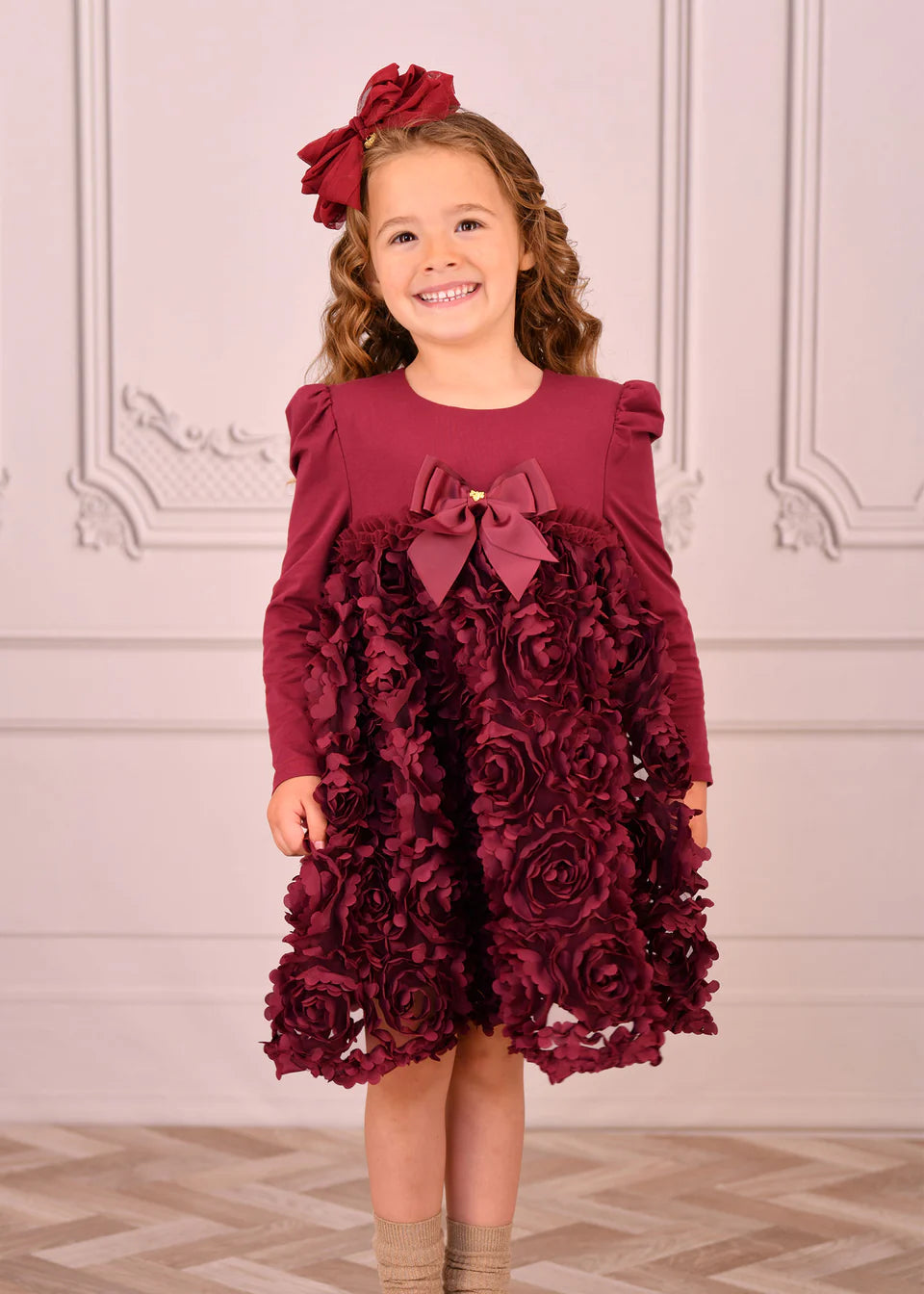 Angel's Face: LIVELY L/S 3D ROSES DRESS BURGUNDY