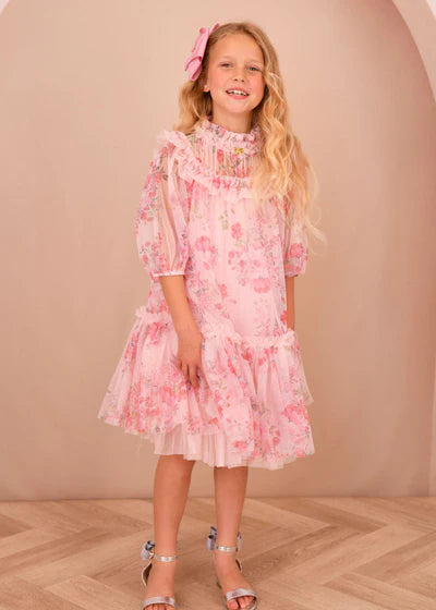 Angel's face-MYRTISA POSY PRINT TULE DRESS PALE PINK