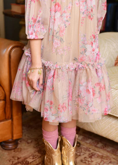 Angel's Face: MYRTISA FLOWER TULLE DRESS SAND