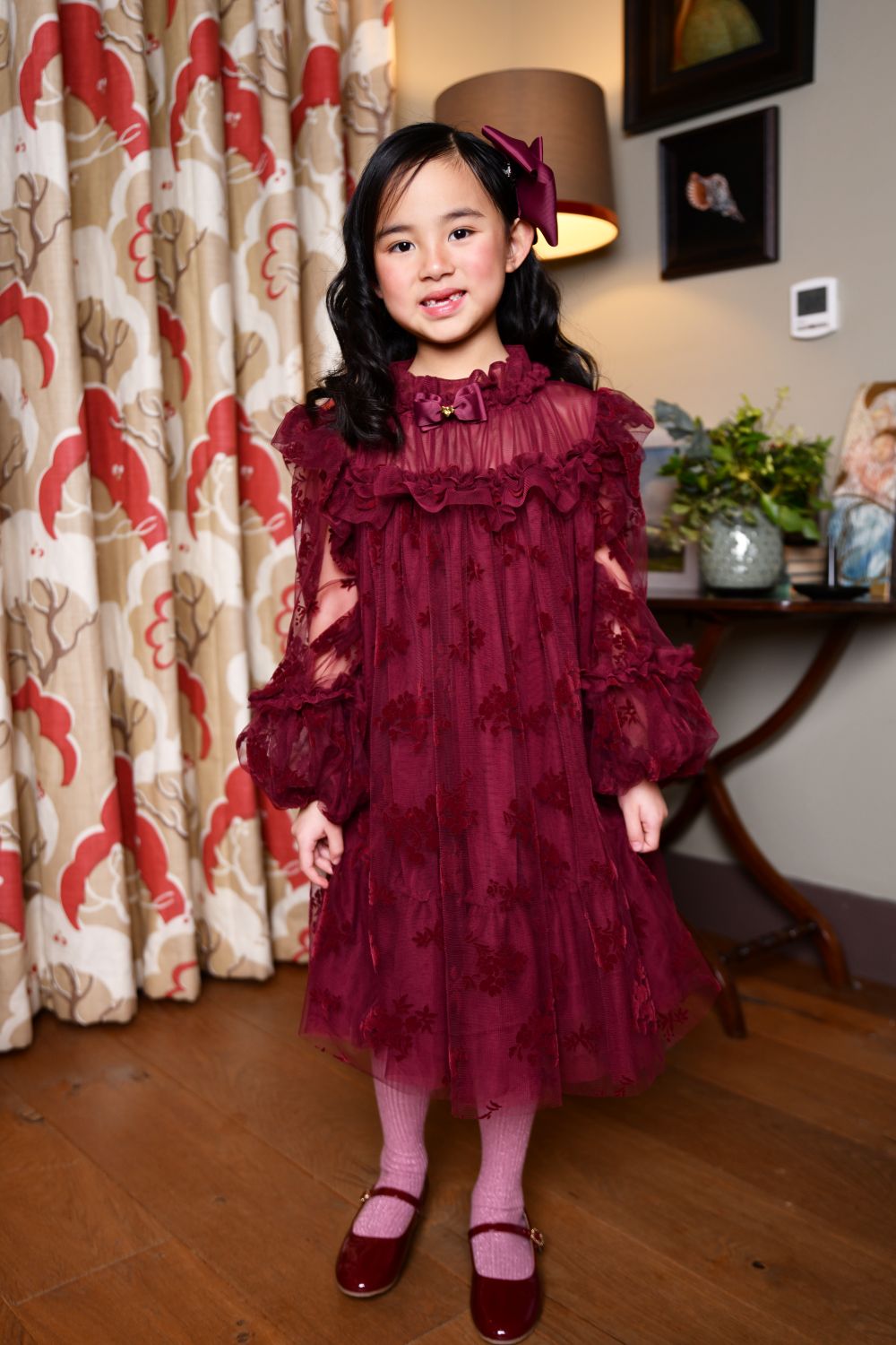 Angel's Face: NADIYA FLOCK FLOWER TULLE DRESS BURGUNDY