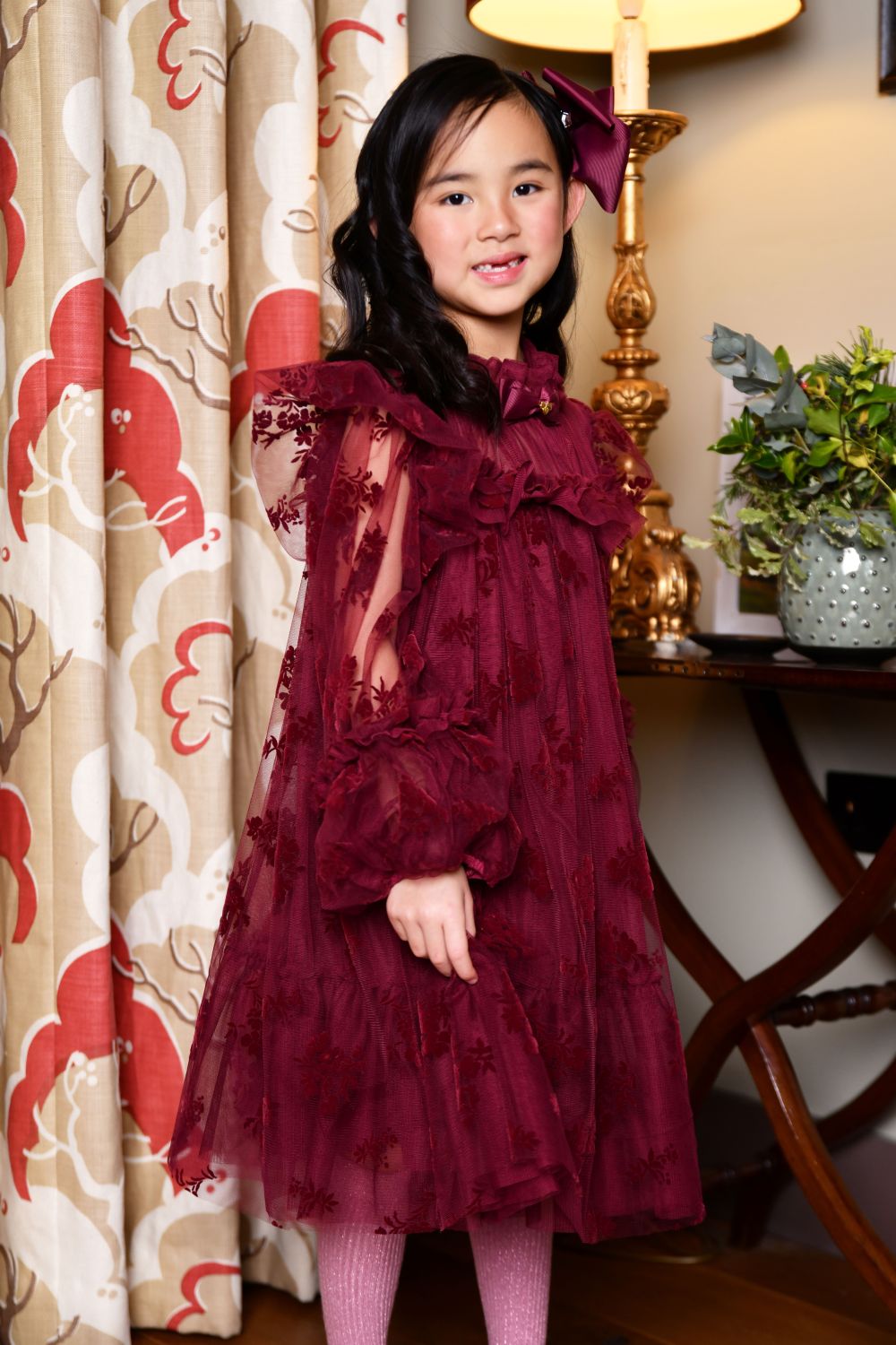Angel's Face: NADIYA FLOCK FLOWER TULLE DRESS BURGUNDY