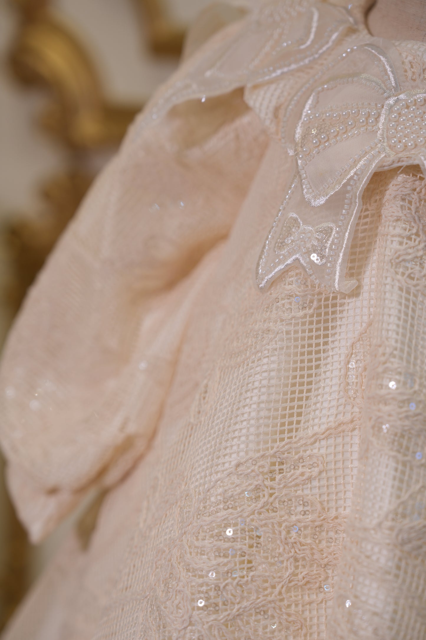 Sofia Baby Luxury White Pearl Lace Dress With Bow-Ivory