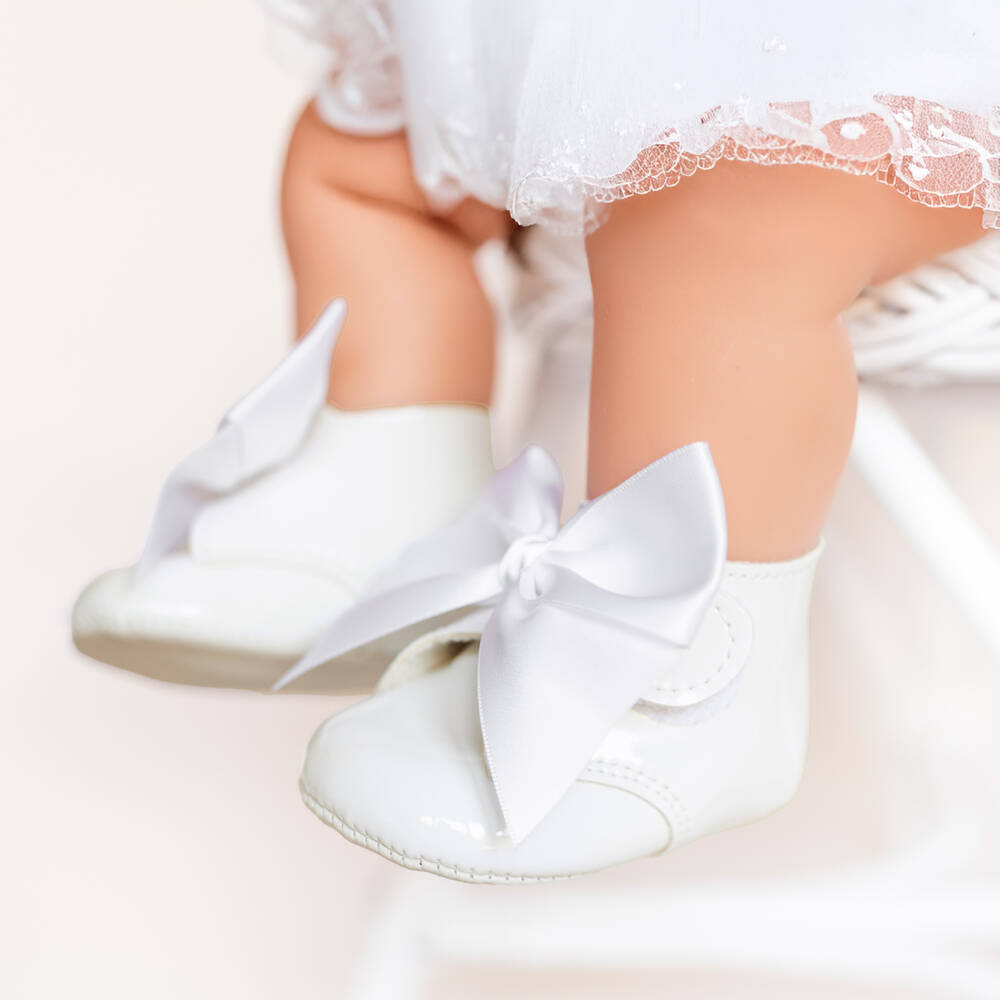 Baby Girls White Patent-Pre walker Boots with Satin