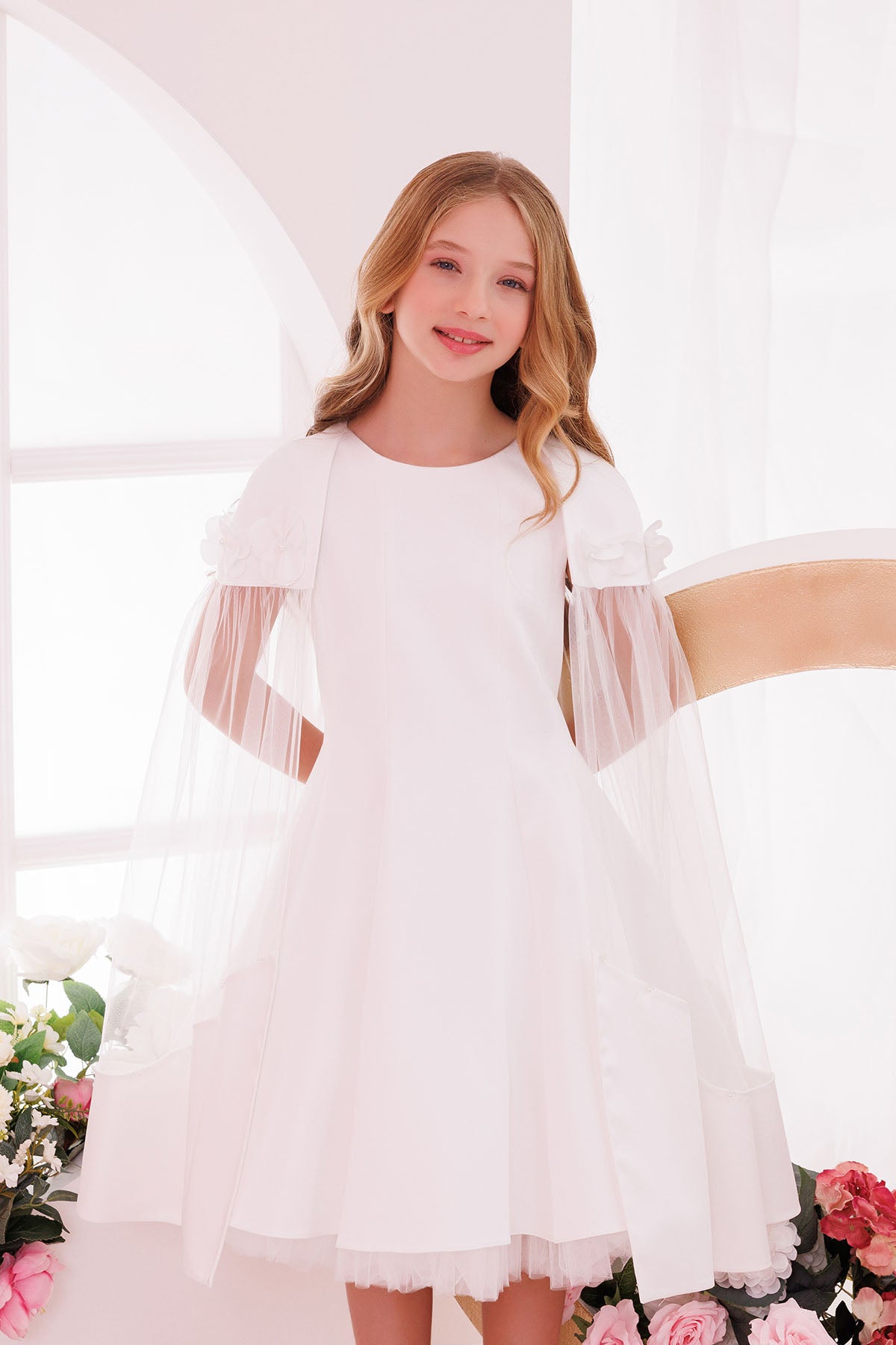 Sofia Baby Girls Tulle Cape Dress- Ivory