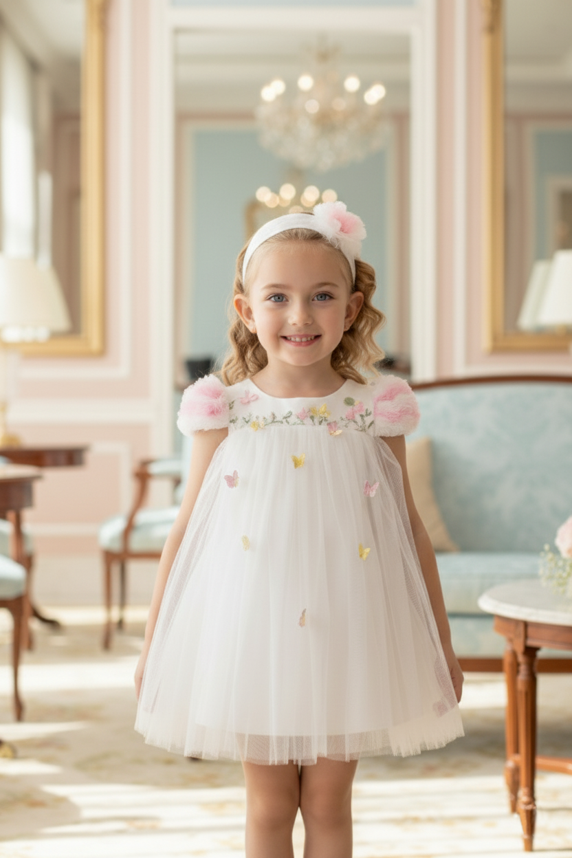 Sofia Baby Tulle Ruffled Butterfly Garden Dress-Ivory