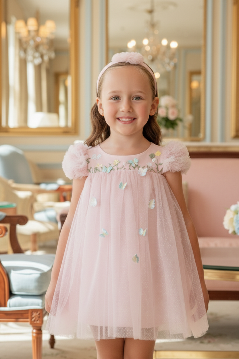 Sofia Baby Tulle Ruffled Butterfly Garden Dress-Pink