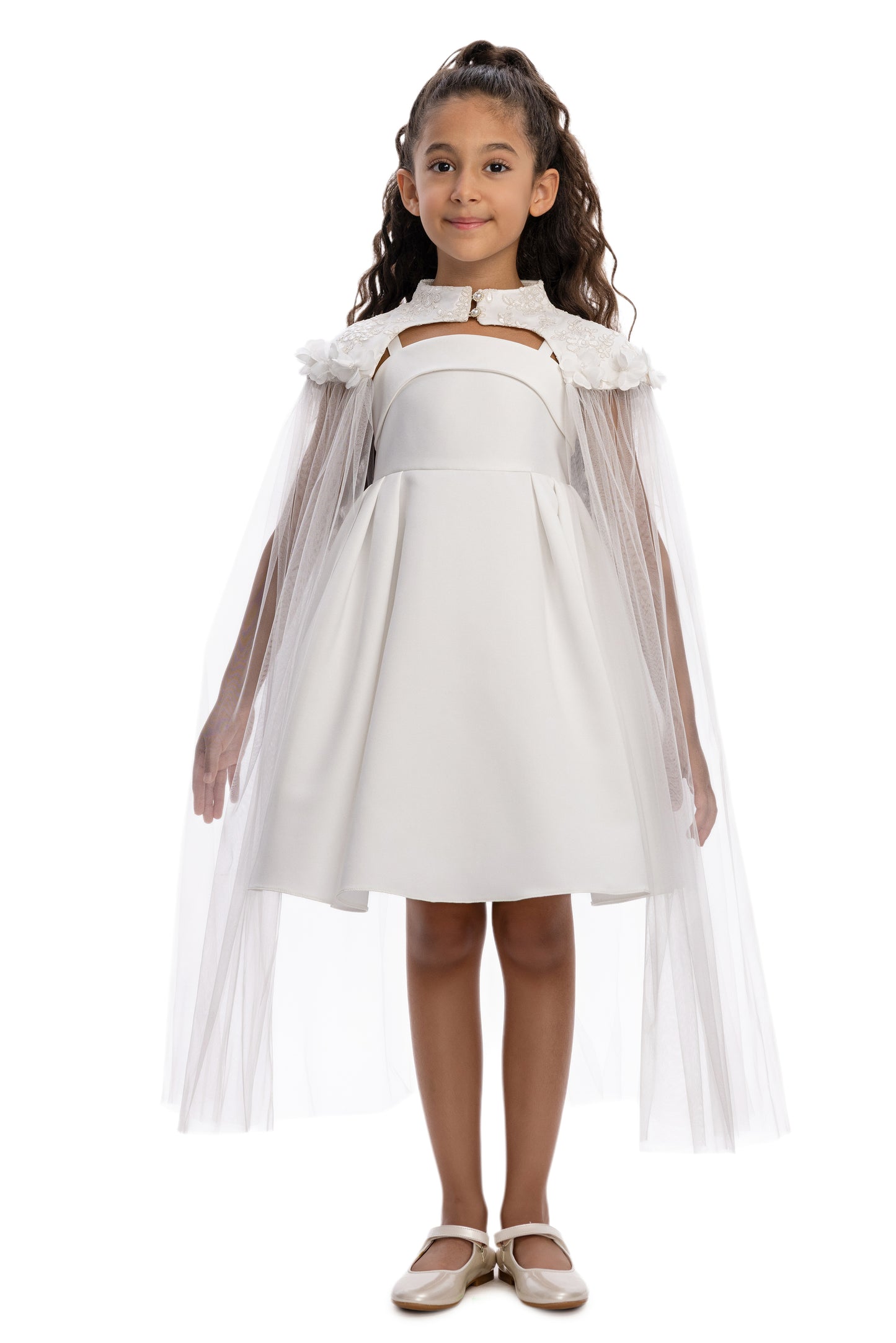 Sofia Baby Embroidered Lace Cape Dress- Ivory
