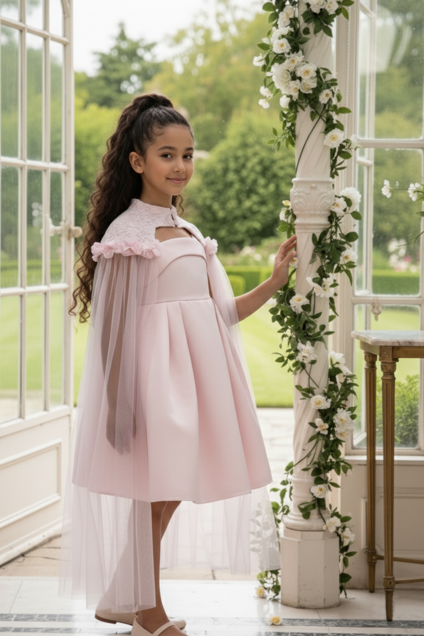 Sofia Baby Embroidered Lace Cape Dress-Pink