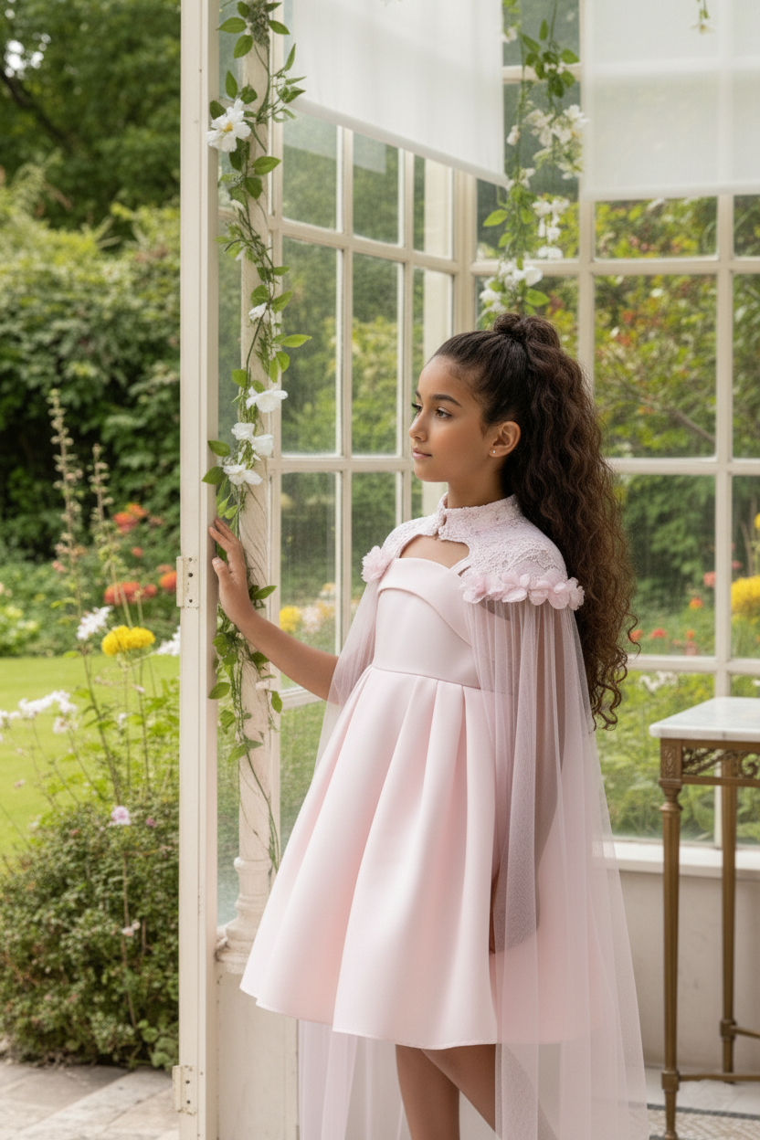 Sofia Baby Embroidered Lace Cape Dress-Pink