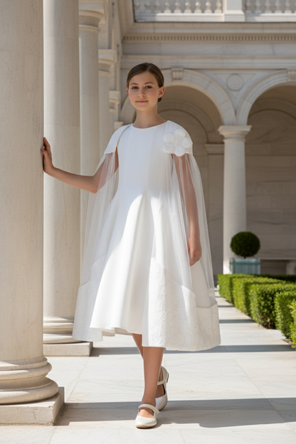 Sofia Baby Floral Embroidered Cape Tulle Dress-Ivory