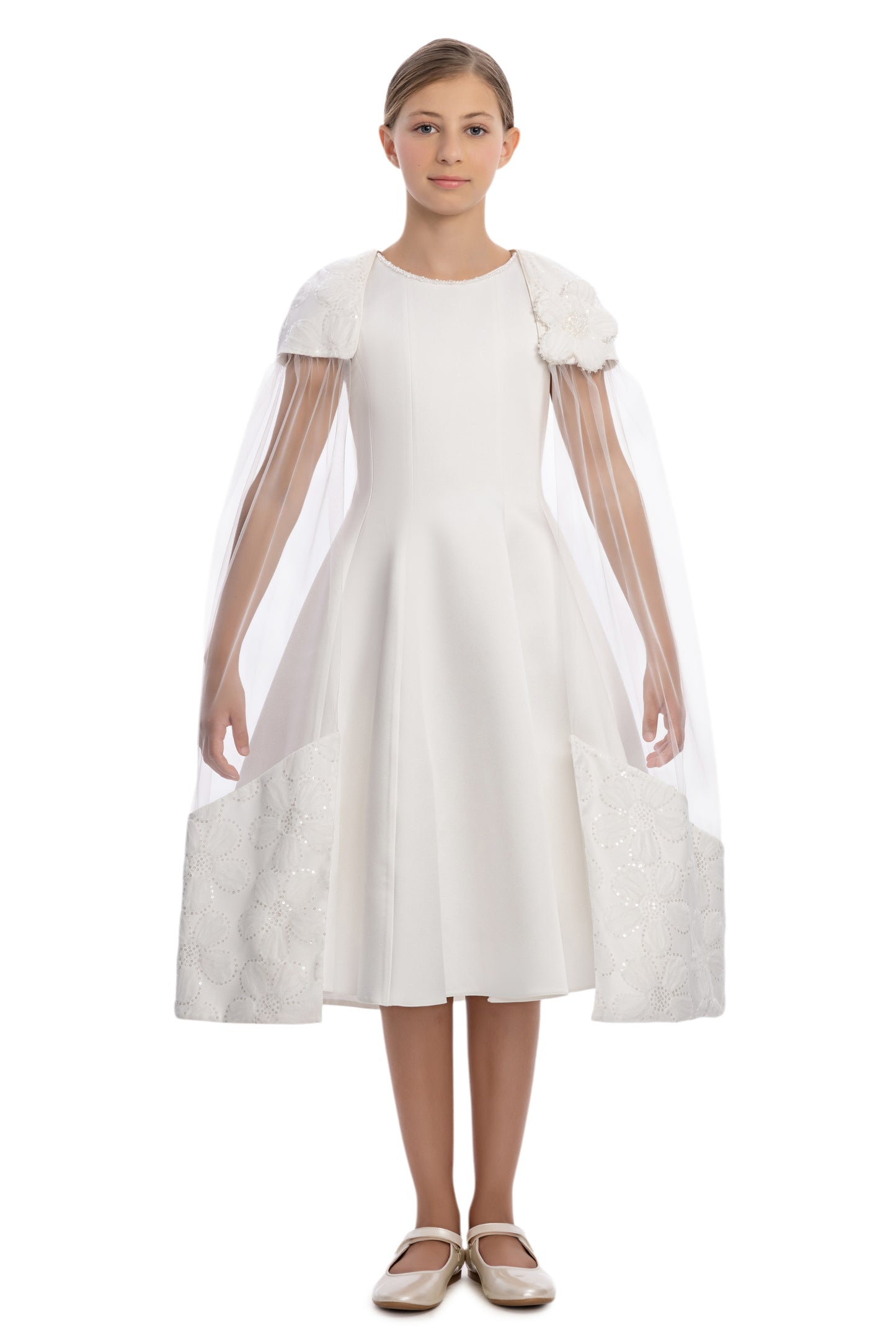 Sofia Baby Floral Embroidered Cape Tulle Dress-Ivory