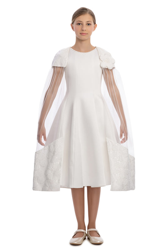 Sofia Baby Floral Embroidered Cape Tulle Dress-Ivory