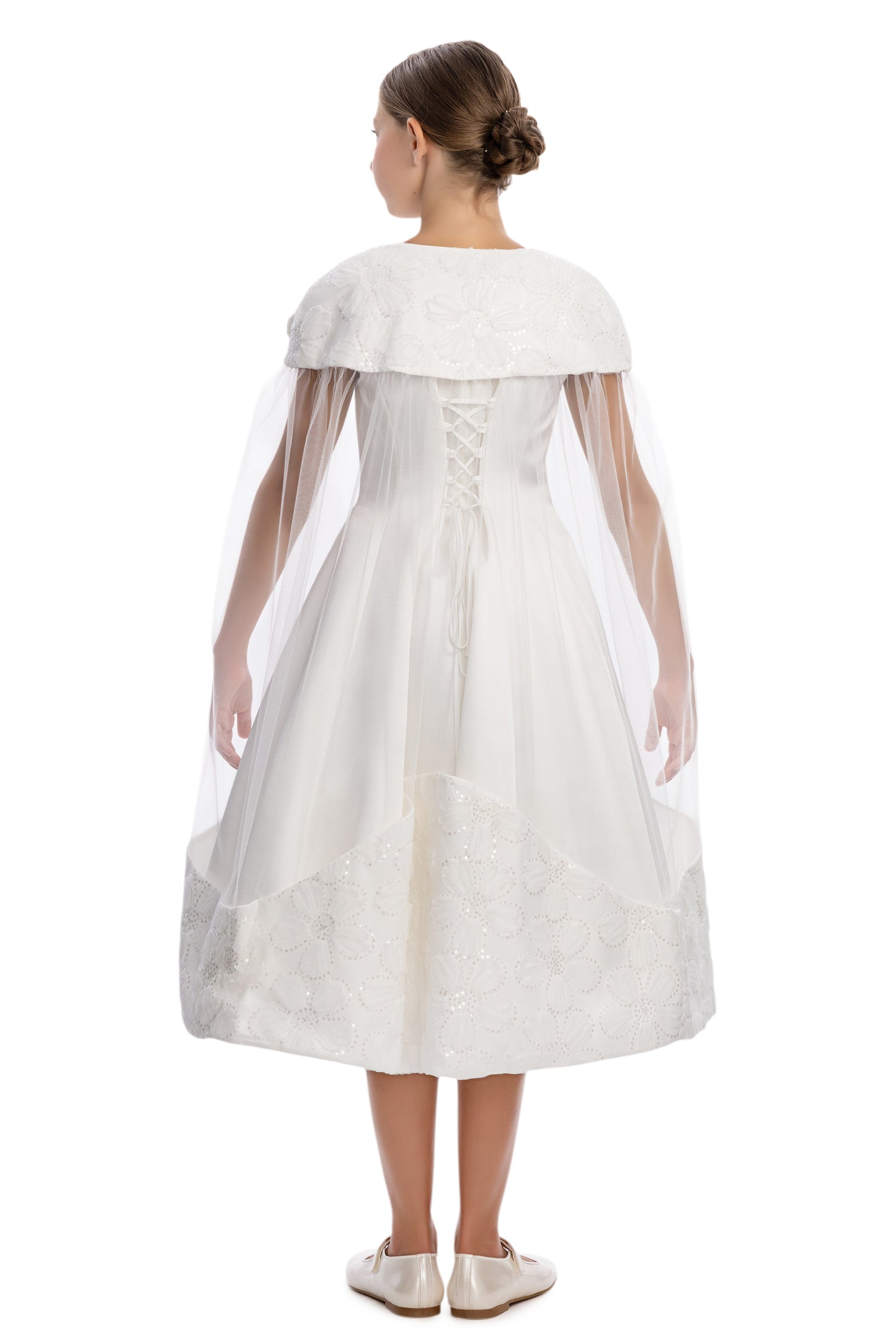 Sofia Baby Floral Embroidered Cape Tulle Dress-Ivory