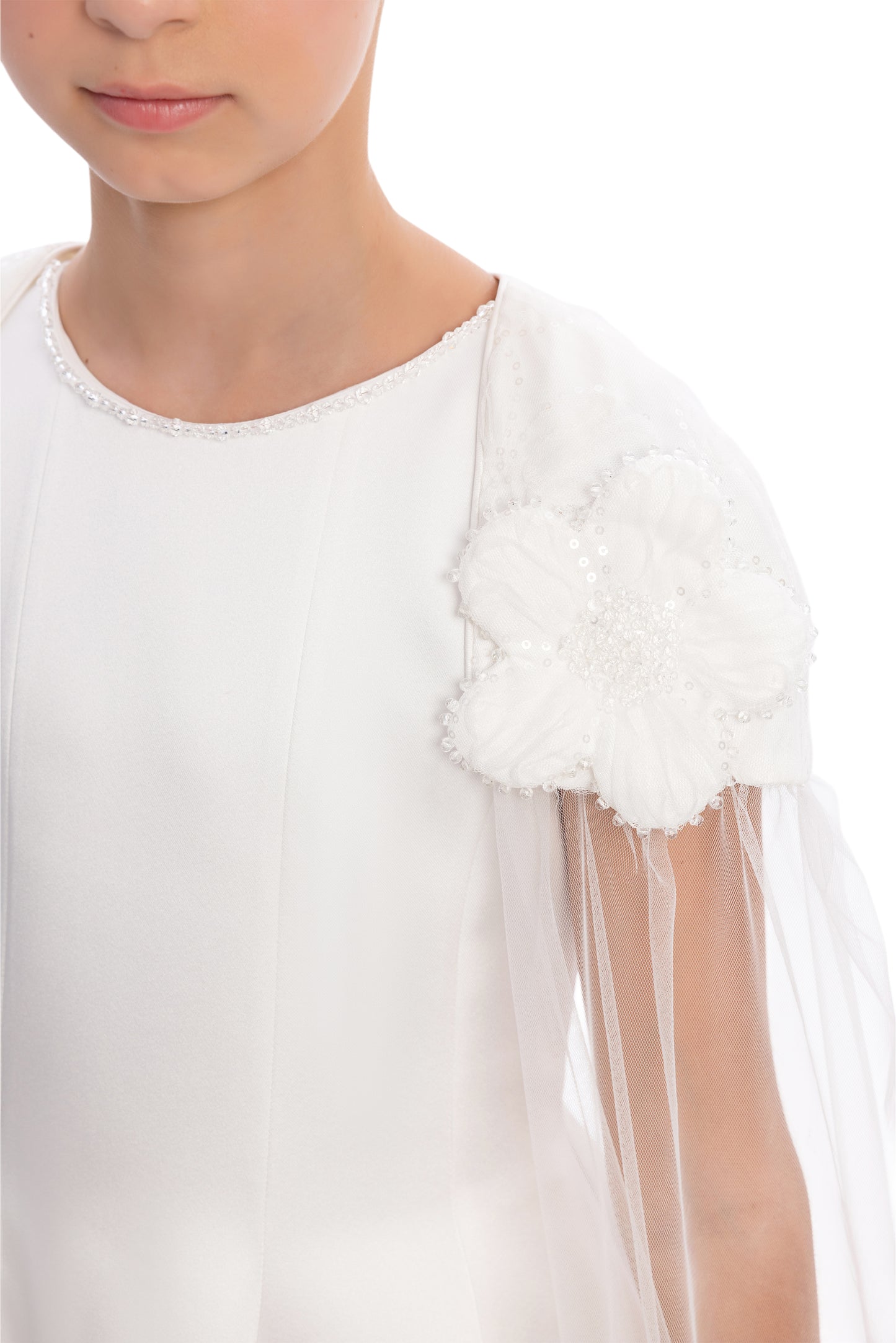 Sofia Baby Floral Embroidered Cape Tulle Dress-Ivory