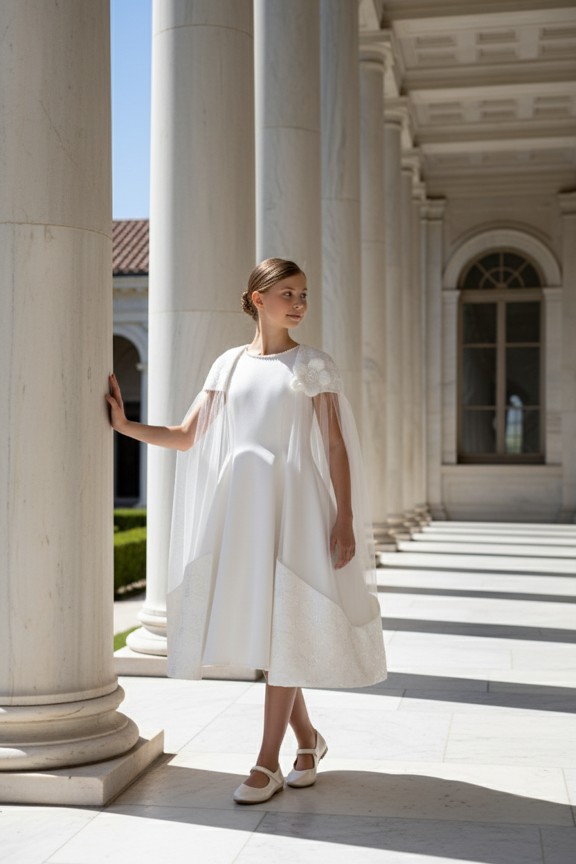 Sofia Baby Floral Embroidered Cape Tulle Dress-Ivory