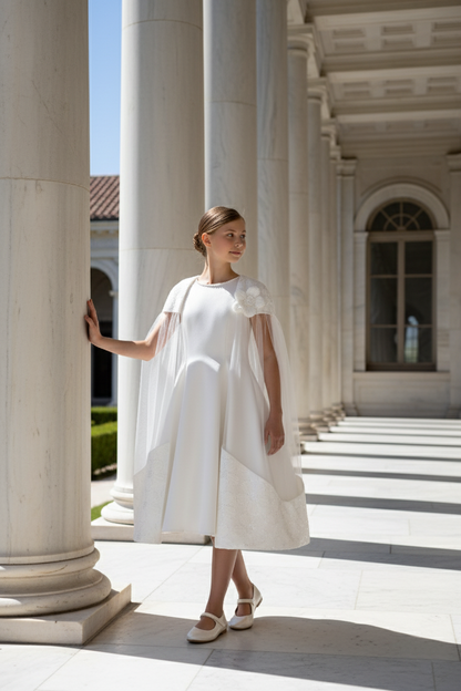 Sofia Baby Floral Embroidered Cape Tulle Dress-Ivory