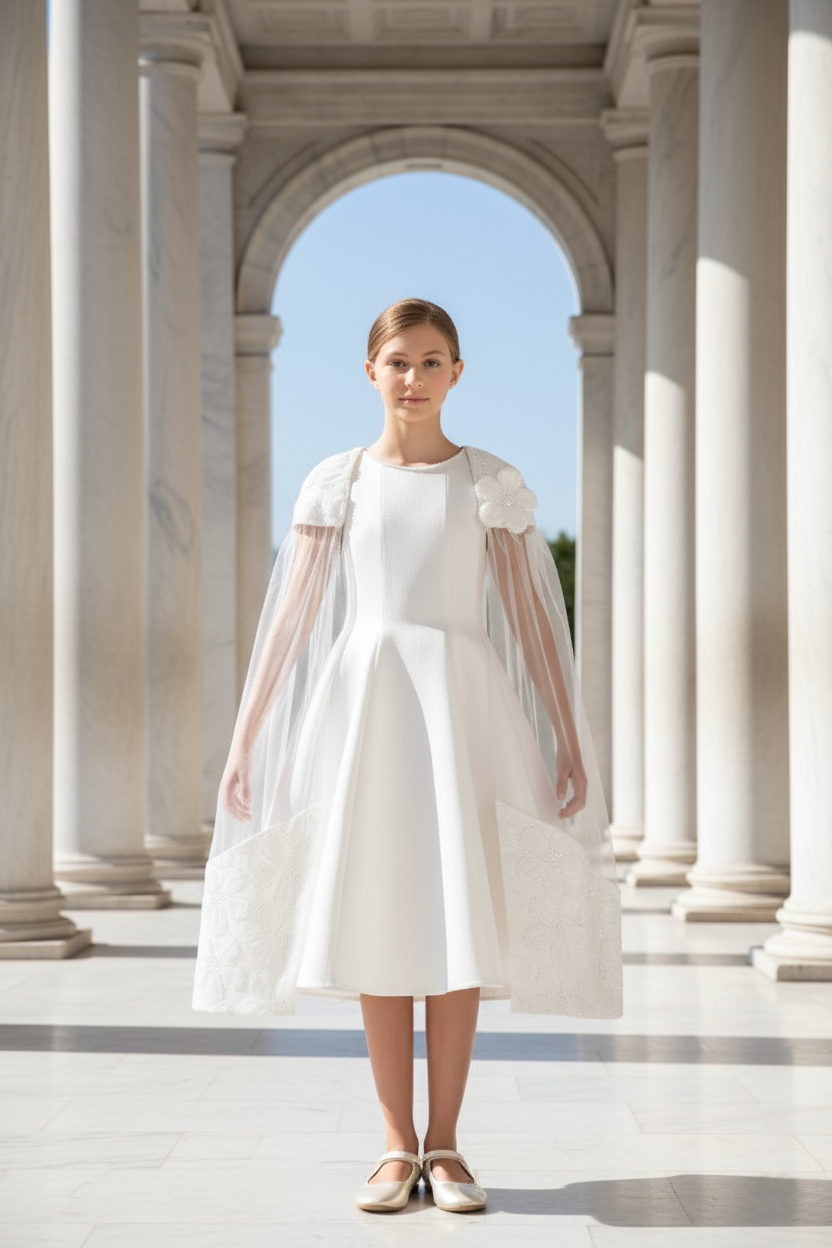 Sofia Baby Floral Embroidered Cape Tulle Dress-Ivory