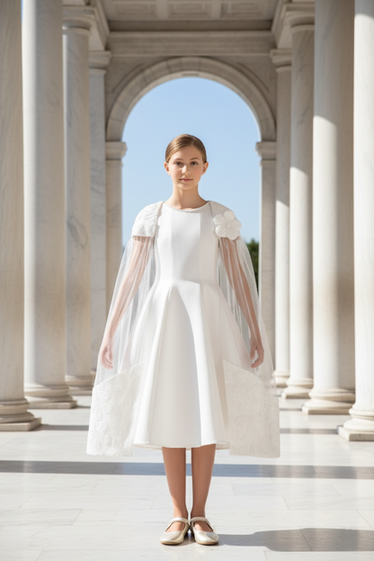 Sofia Baby Floral Embroidered Cape Tulle Dress-Ivory