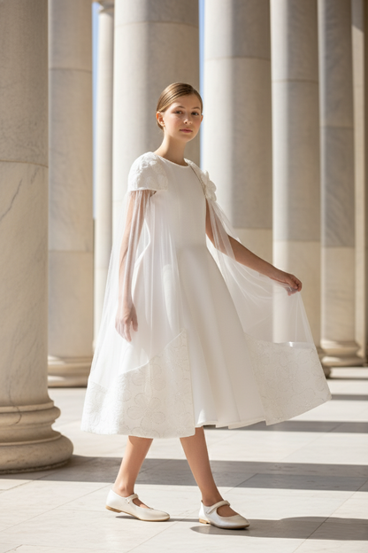 Sofia Baby Floral Embroidered Cape Tulle Dress-Ivory