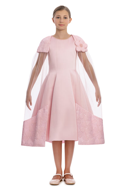Sofia Baby Floral Embroidered Cape Tulle Dress Pink