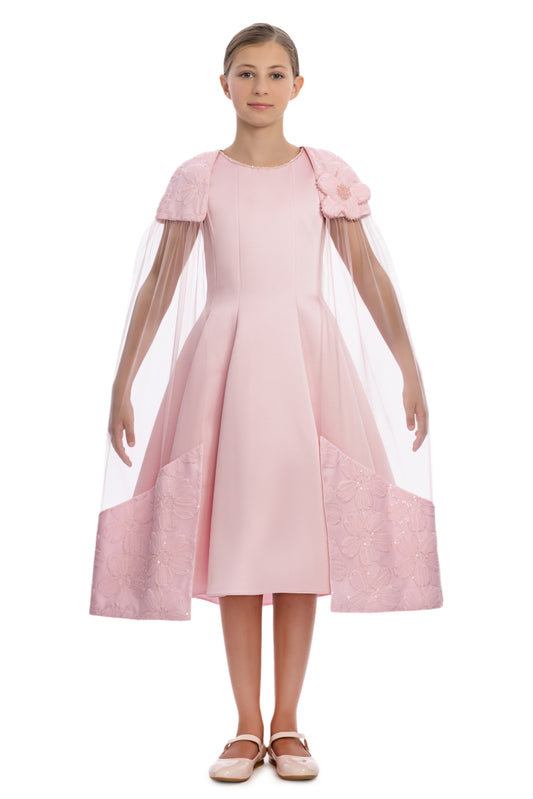Sofia Baby Floral Embroidered Cape Tulle Dress Pink