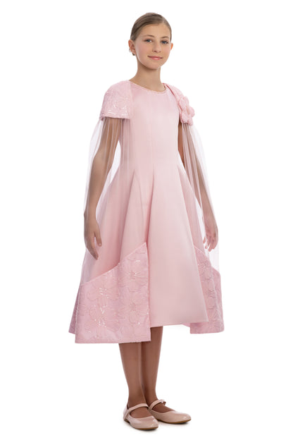Sofia Baby Floral Embroidered Cape Tulle Dress Pink