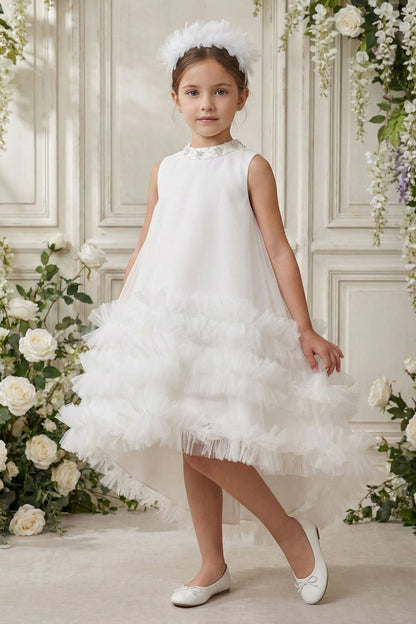 Sofia Baby Occasions: Organza Ruffle High-Low Dress with Headband-White