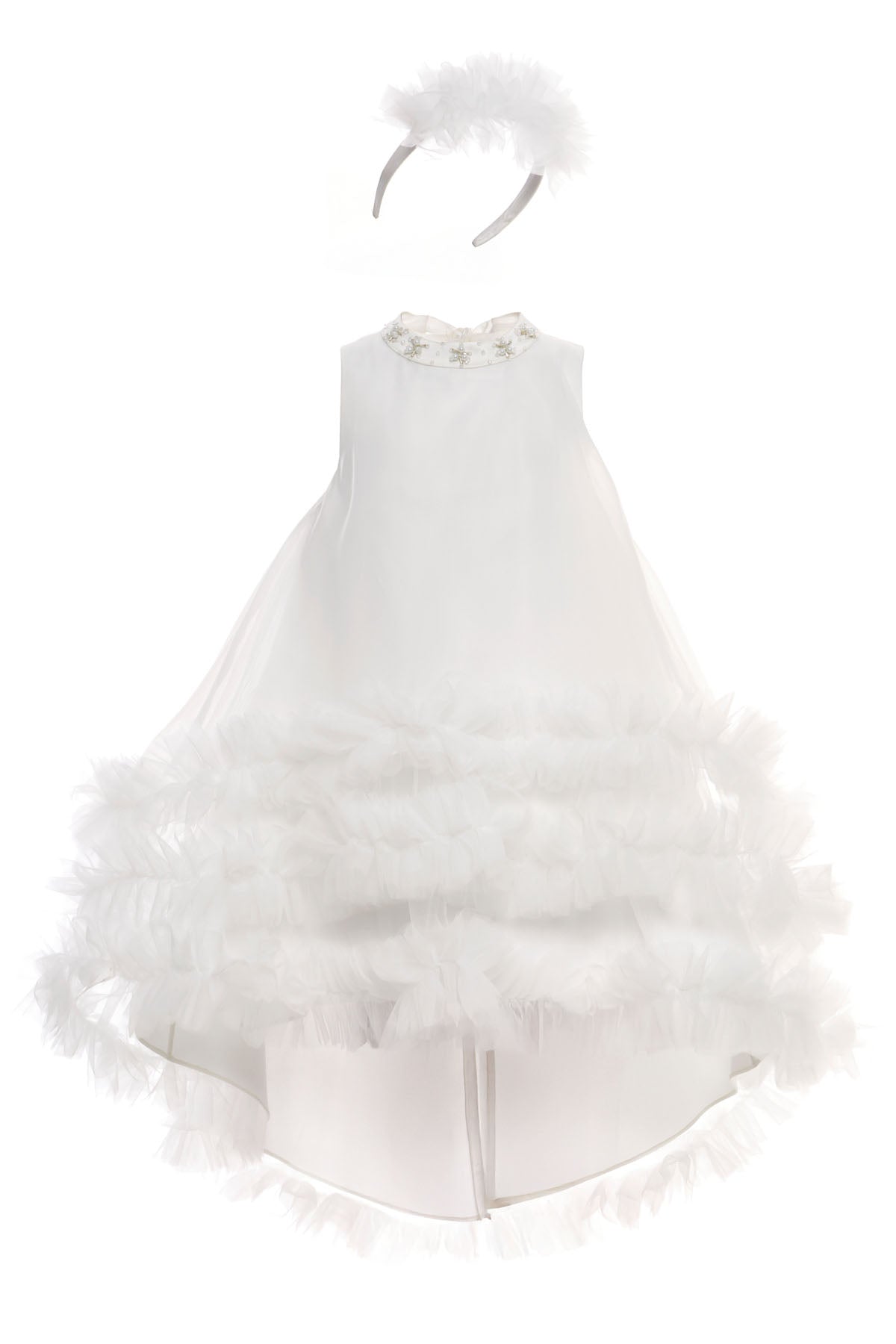 Sofia Baby Occasions: Organza Ruffle High-Low Dress with Headband-White