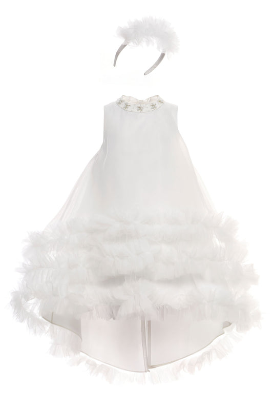 Sofia Baby Occasions: Organza Ruffle High-Low Dress with Headband-White