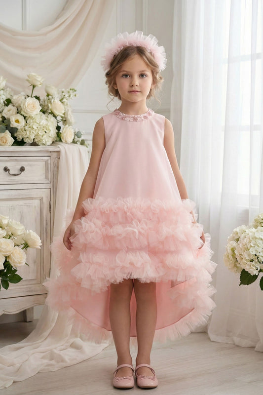 Sofia Baby Occasions: Organza Ruffle High-Low Dress with Headband-Pink