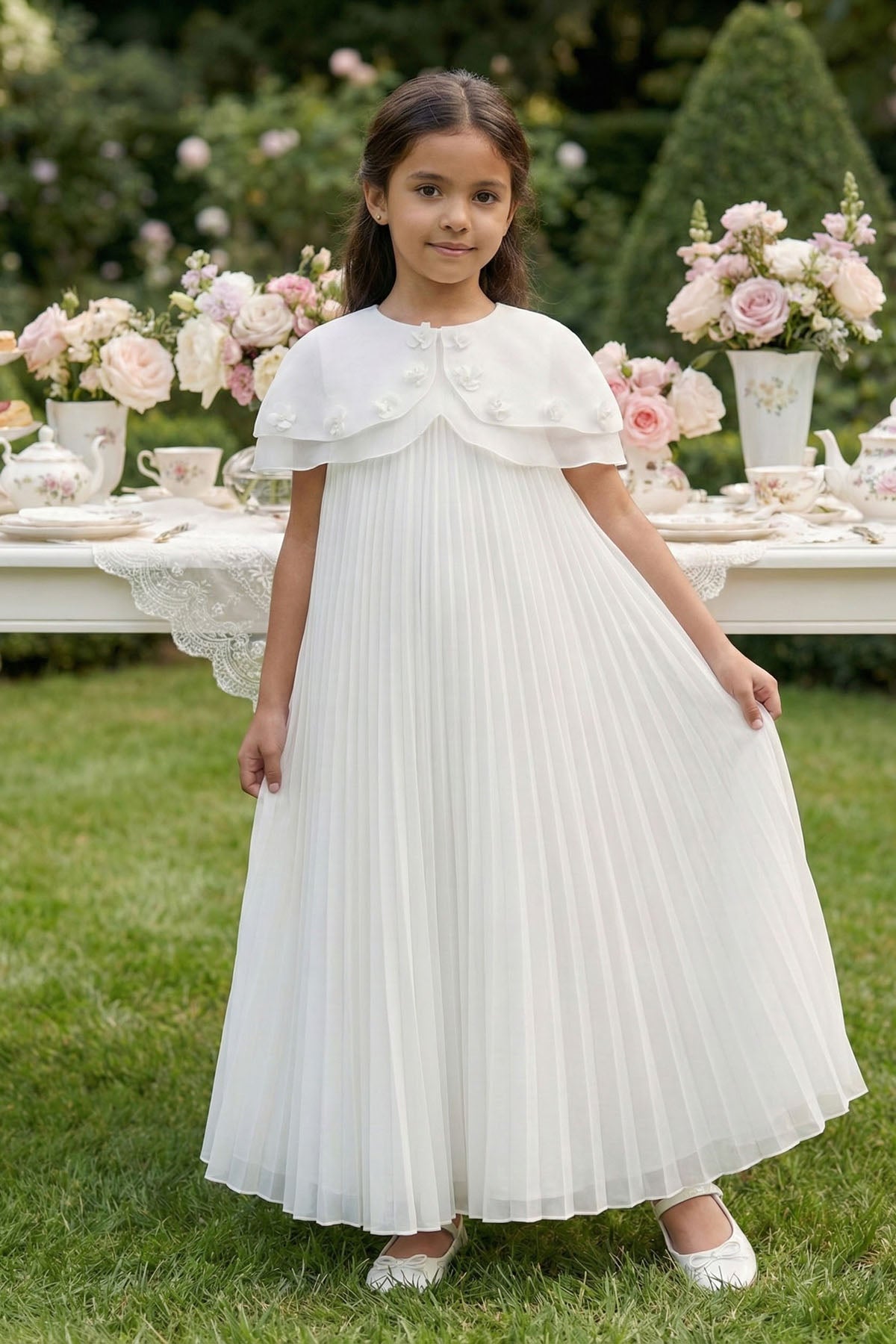Sofia Baby Occasions: Georgette pleated gown with embellished Cape-White