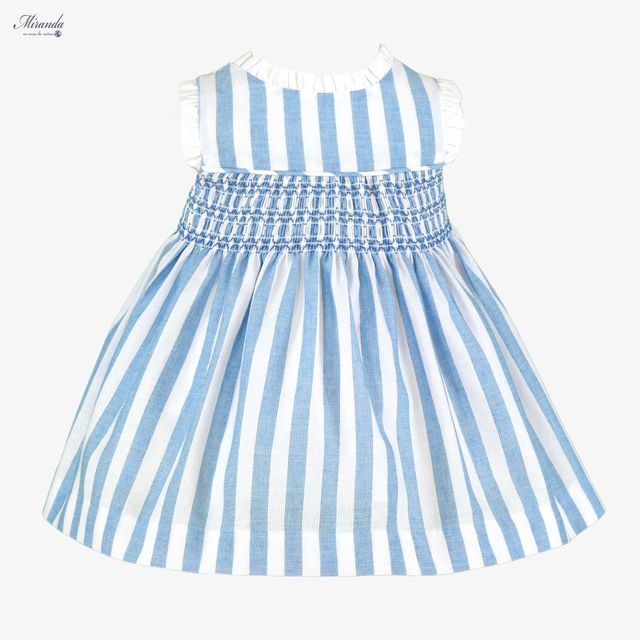 Miranda-Baby Girls Blue & White Striped Cotton Smocked Dress