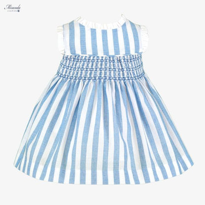 Miranda-Baby Girls Blue & White Striped Cotton Smocked Dress