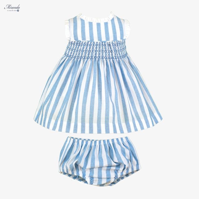 Miranda-Baby Girls Blue & White Striped Cotton Smocked Dress