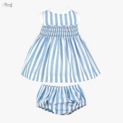 Miranda-Baby Girls Blue & White Striped Cotton Smocked Dress