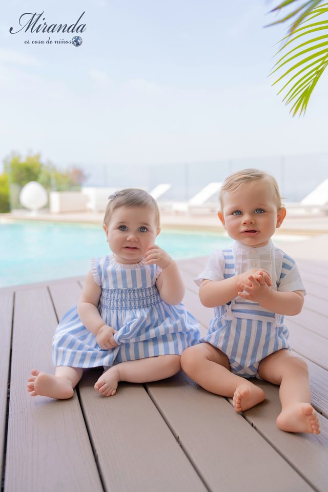 Miranda-Baby Girls Blue & White Striped Cotton Smocked Dress