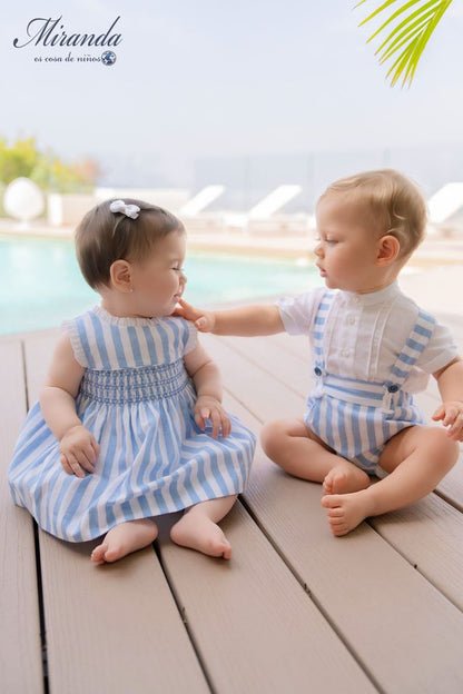 Miranda-Baby Girls Blue & White Striped Cotton Smocked Dress