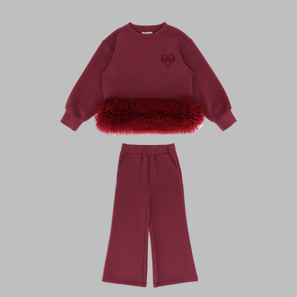 Angel's Face: DEONNE TULLE TRIM TOP AND JOGGER SET BURGUNDY