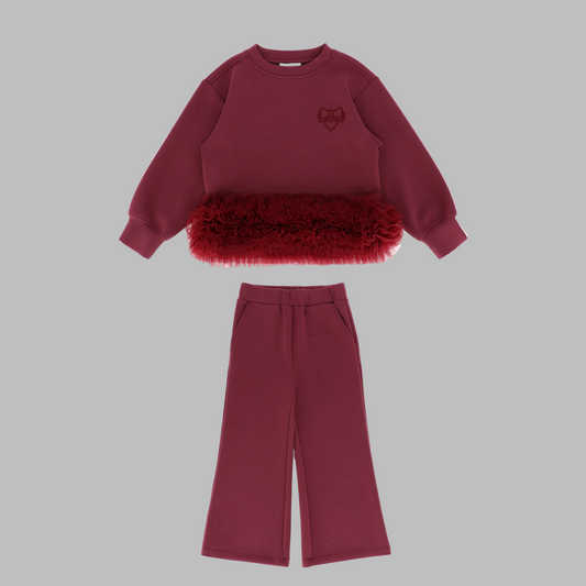 Angel's Face: DEONNE TULLE TRIM TOP AND JOGGER SET BURGUNDY